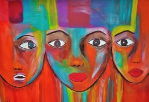 Bright abstract painting of three girls’ faces, two with only one eye