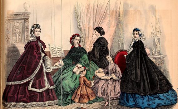 Five ladies and two children in Victorian dress in a music room