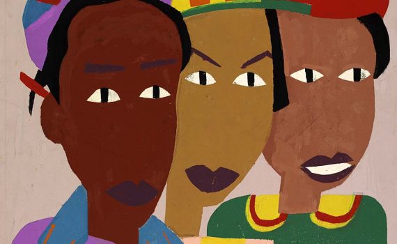 Bright colored painting of three young brown and black women in hats