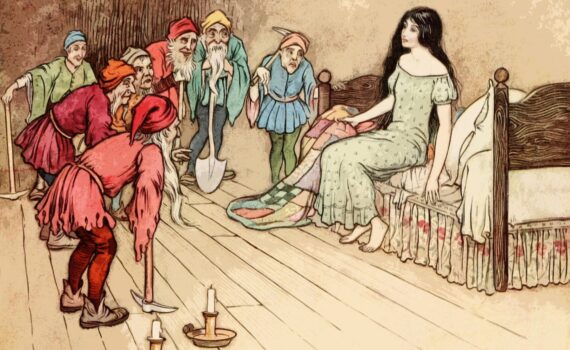 Illustration of Snow White sitting on bed surrounded by dwarfs.