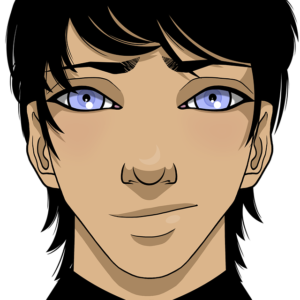 Manga-style face of boy with periwinkle eyes