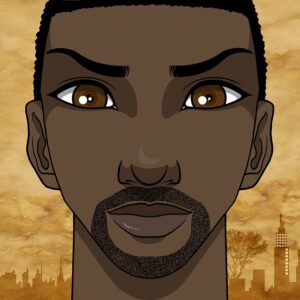 Graphic of young Black man's face with huge eyes and serious expression