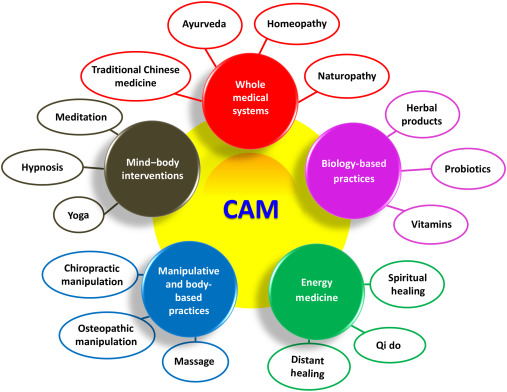 Listing of various complementary and alternative practices organized by the five categories: mind-body, whole medical systems, manipulative, energy and natural/biological practices.