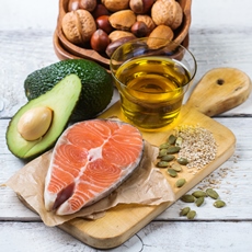 Picture of foods containing fat - nuts, fish, oils, avocado, seeds