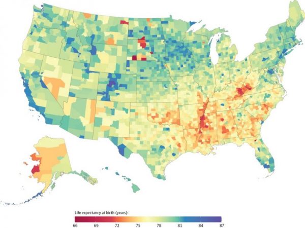 Map of US with life expectancy