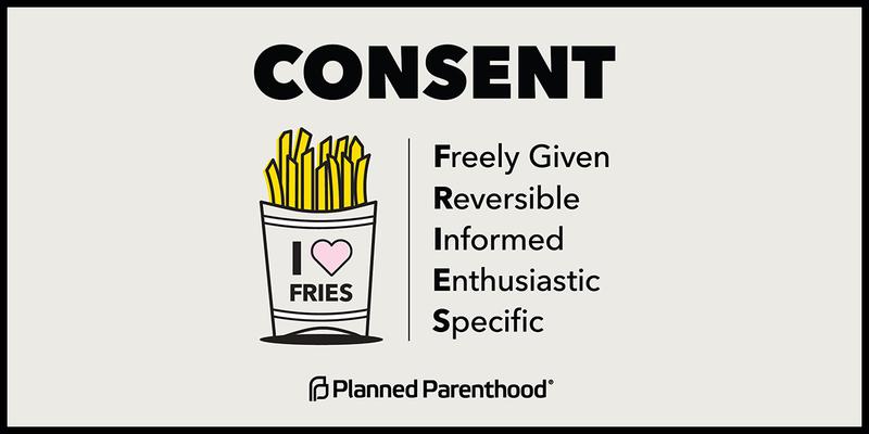 Image of fries reads: Consent - Freely given, Reversible, Informed, Enthusiastic, Specific.