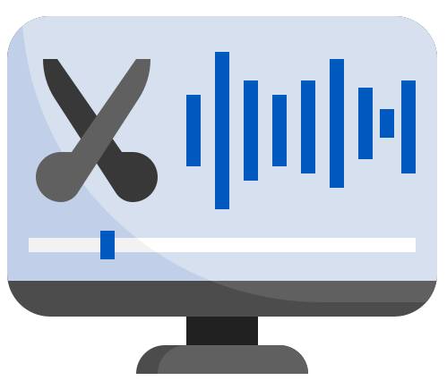 icon of computer screen with scissors and digital representation of a sound wave.