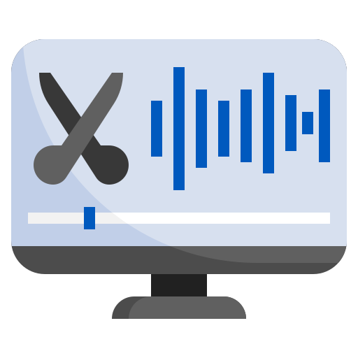 icon of computer screen with scissors and digital representation of a sound wave.