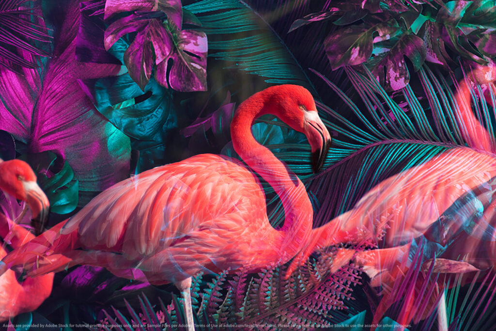 flamingos blended with leaves