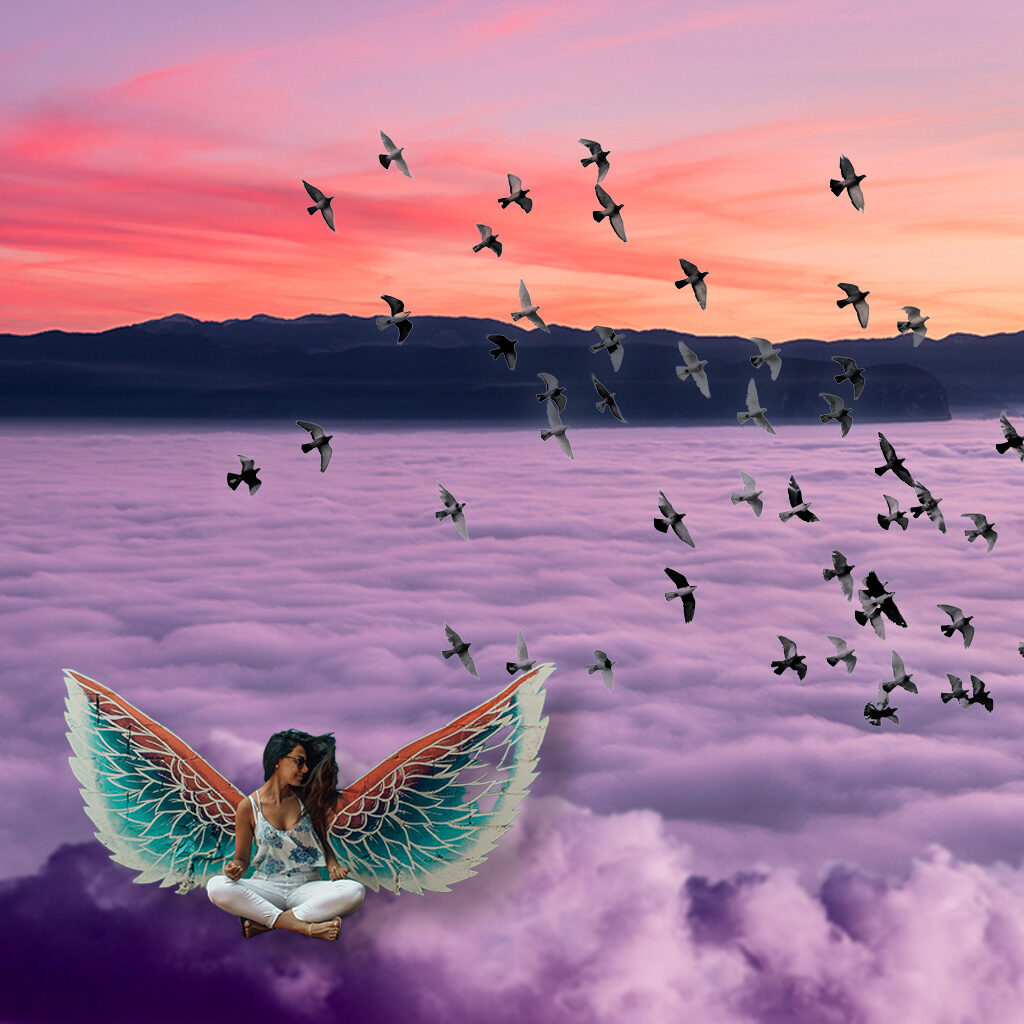 fantasy composite, woman with wings floating on clouds with birds