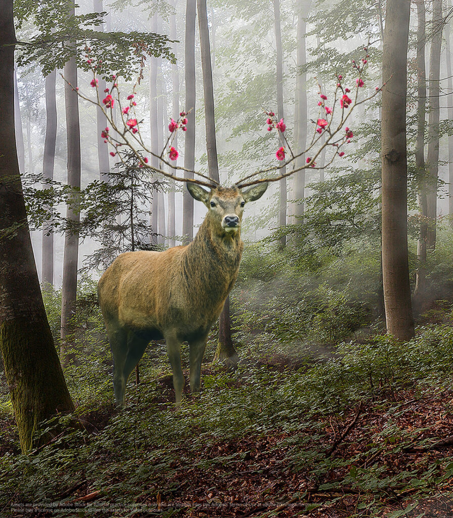 composite of deer with branches for antlers in a forest