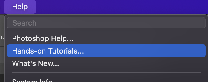 screenshot of PS menu: Help > Hands-on Tutorials