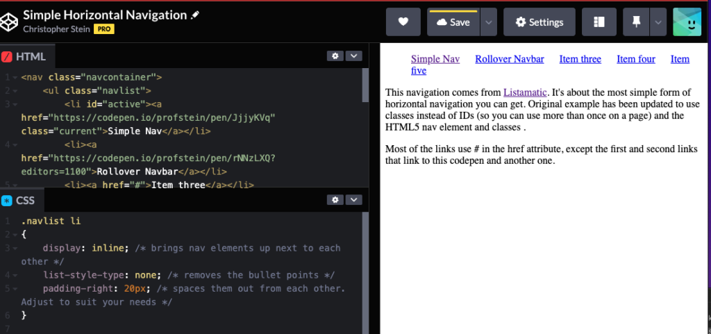 screenshot of codepen nav example