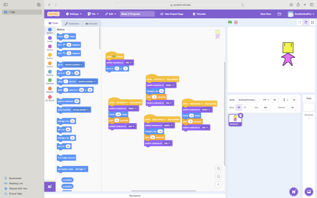 Scratch Interface with first steps to understanding movement. 