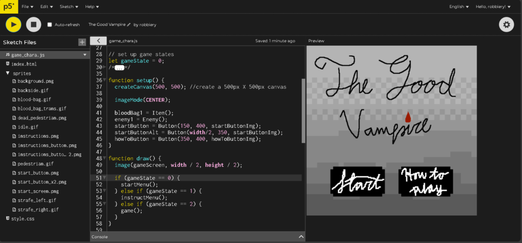 Shows the game state variable initialized, the setup code for the buttons and the conditional statement for the game states.