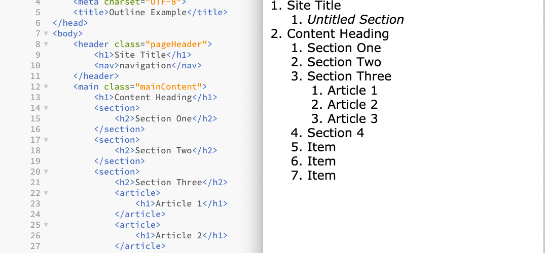 screenshot of html page on left and HTML5 outline of that page on the right.