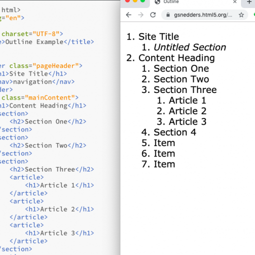 screenshot of html page on left and HTML5 outline of that page on the right.