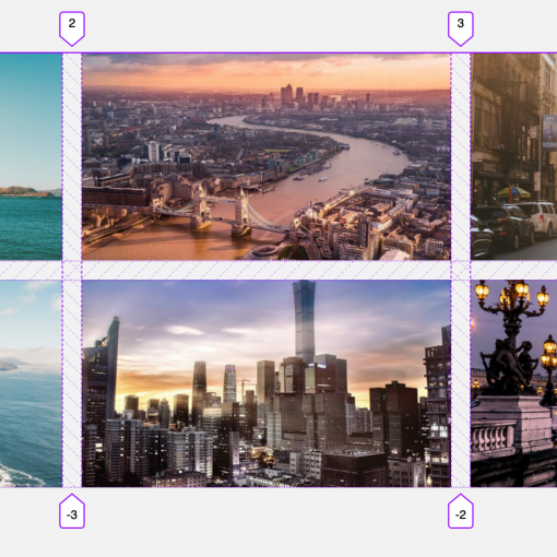 screenshot of six images arranged in a grid with CSS Grid gridlines shown