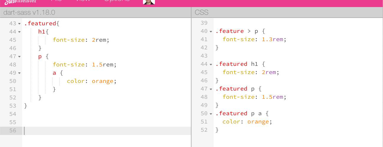 screenshot of sassmeister with sass and compiled css