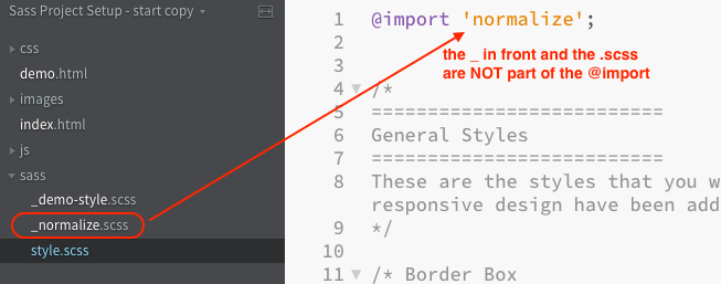 screenshot of editor showing @import statement with reminder to not include _ or .scss part of filename.