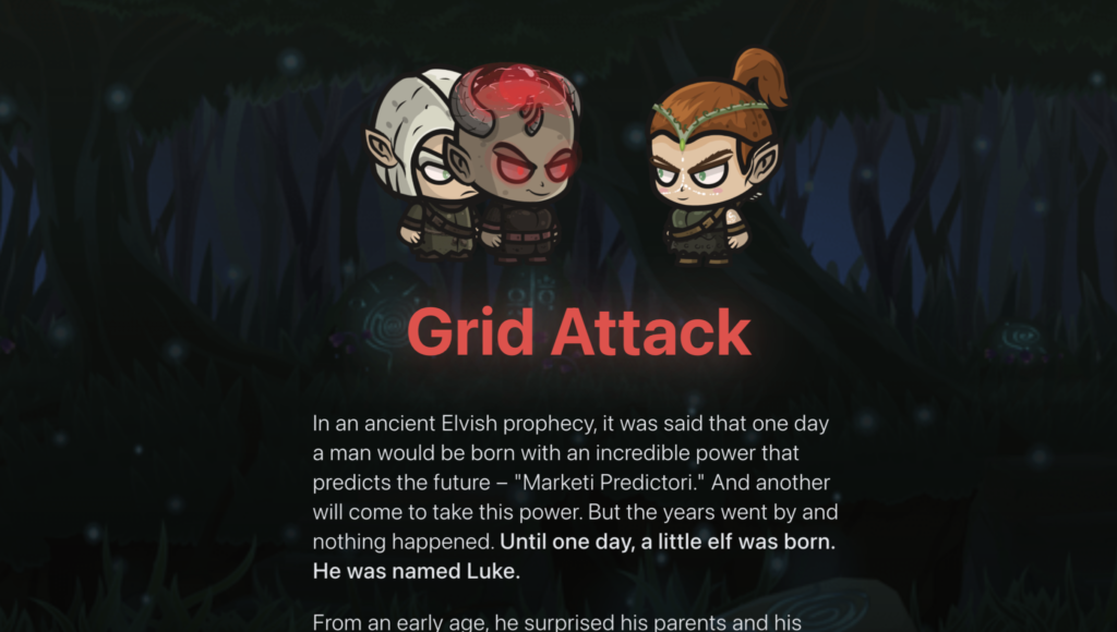 Screenshot of Grid Attack game home page showing characters from the game, the title and some description.