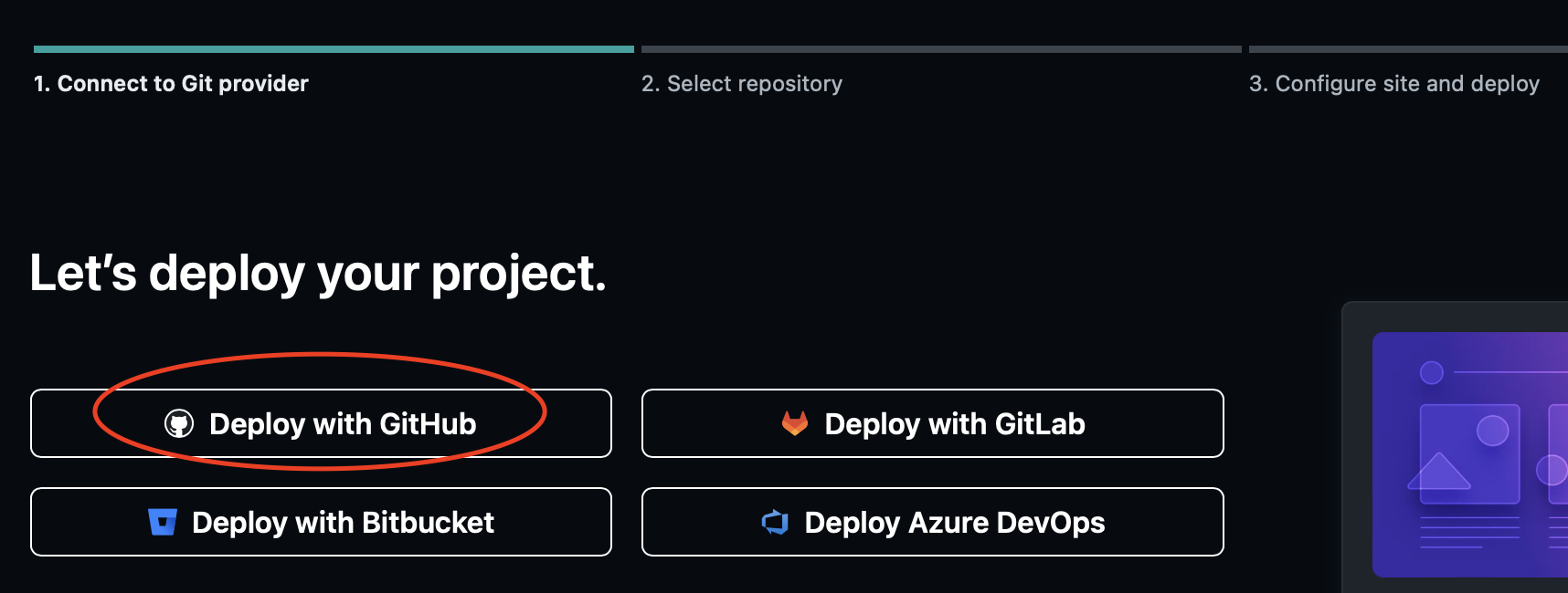 screenshot of step 1 of netlify Deploy with Deploy with GitHub button circled.