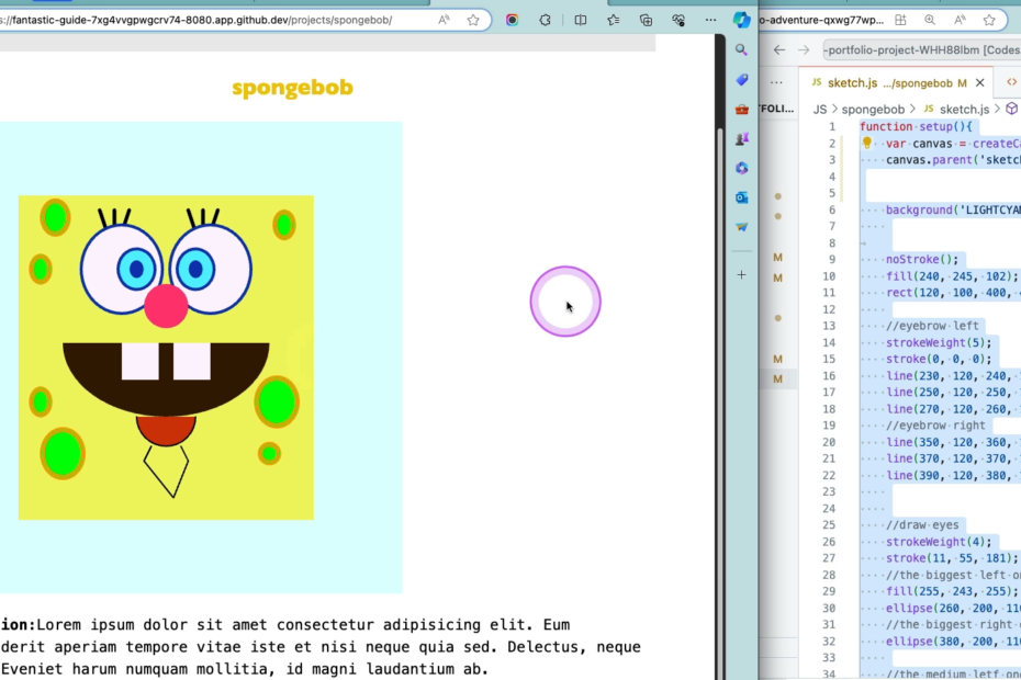 screenshot of a codespace with p5js file being edited, next to a page showing a rendered page containing p5js.