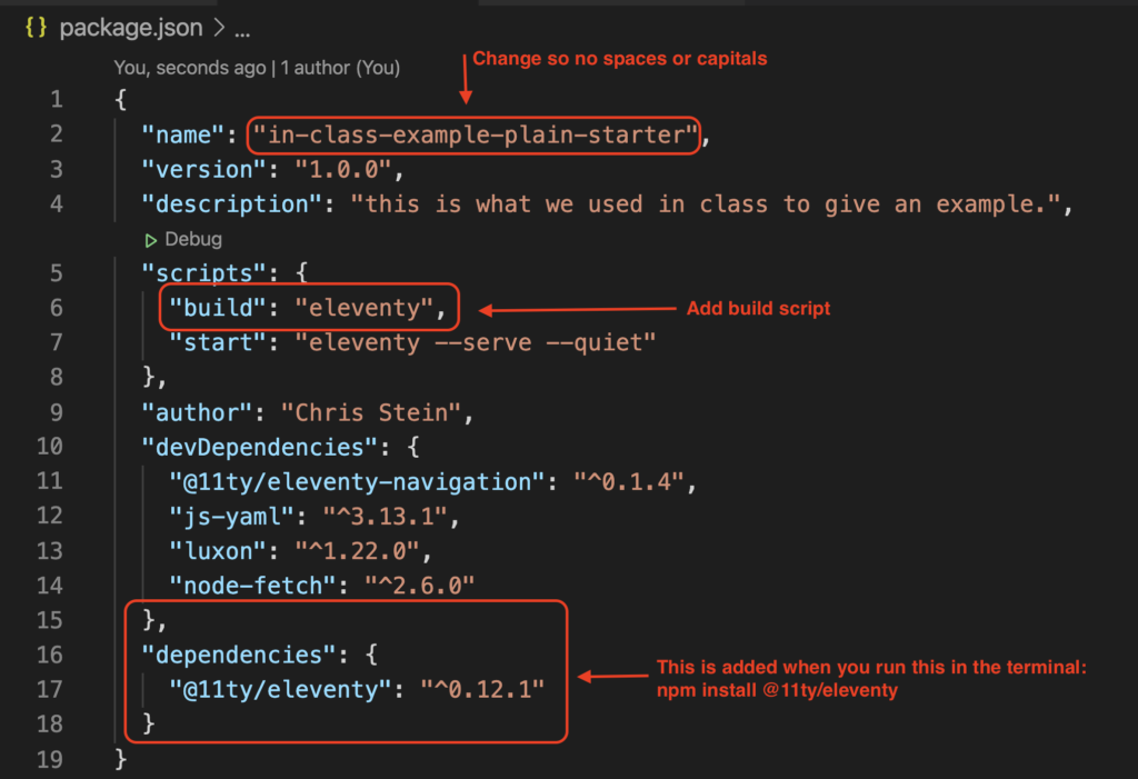 image of package.json file annotated to show the three changes outlined above.