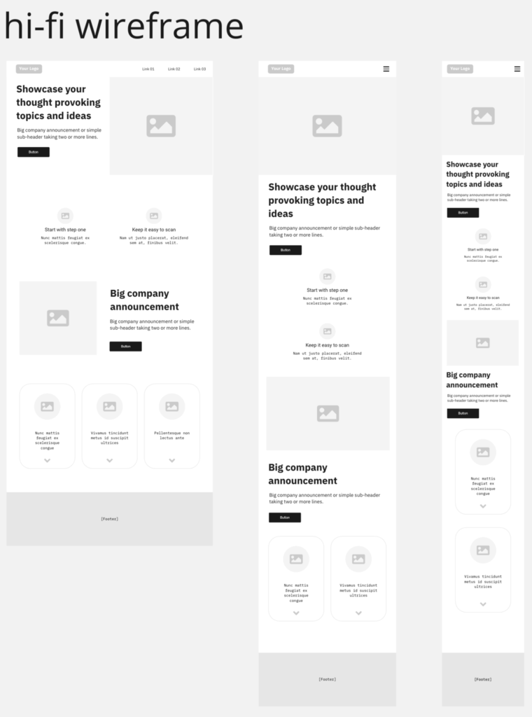 high fidelity wireframe with large, medium and small layouts.