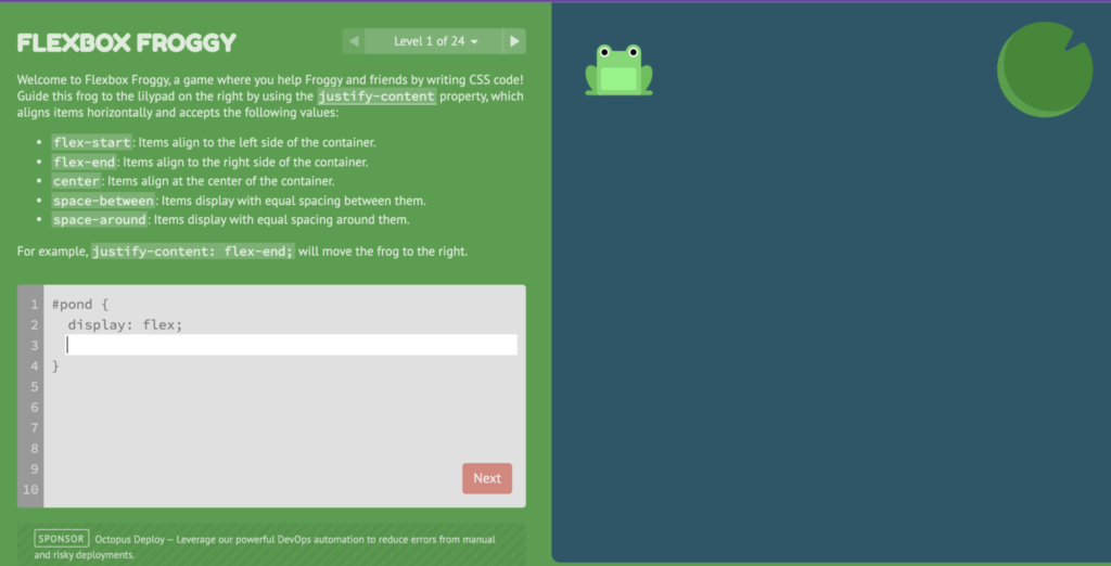 screenshot of flexbox froggy game