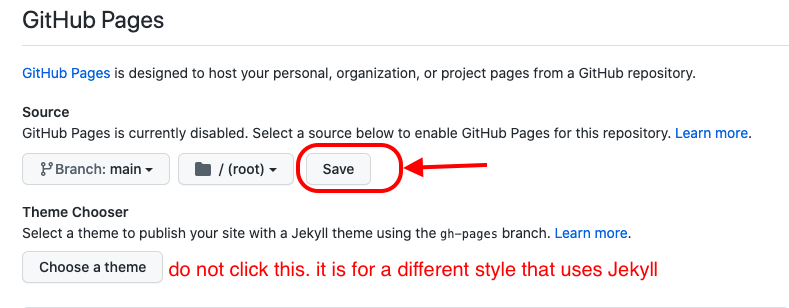 Screenshot showing where to click the Save button - and not the choose a theme button.