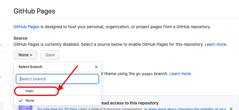 screenshot showing selecting a branch to publish in GitHub pages settings