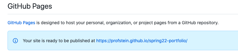 screenshot showing text on GitHub Pages settings that read "Your site is ready to be published at"