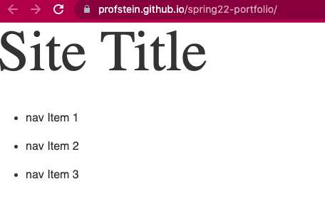 screenshot of site after publishing through GitHub Pages