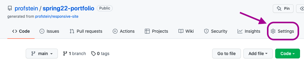 screenshot showing where to click Settings tab in the repository