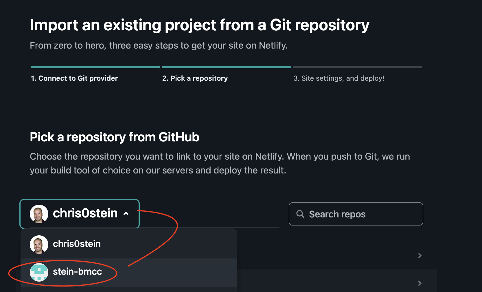 netlify import: choose stein-bmcc option