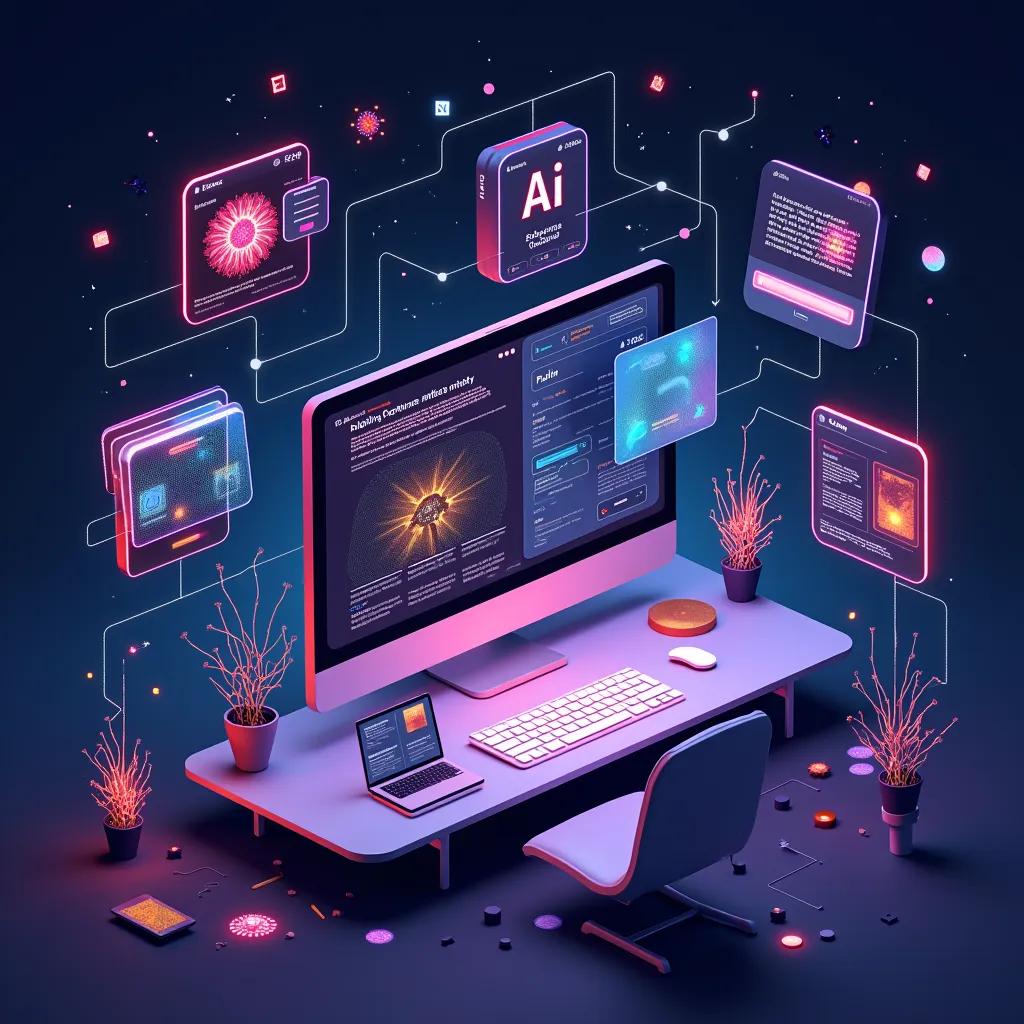 illustrated image of a desk with ai tool on screen of computer and other windows floating around it in the air. image generated by FLUX.1 AI model.