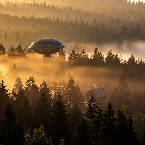 AI generated image of an evergreen forest at dawn with golden light and mist in the trees. There is a small cabin in the trees and what looks like a flying saucer hovering in the air above it.