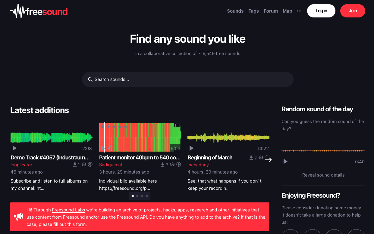 screenshot of freesound.org homepage.