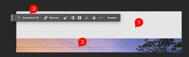 Screenshot of Photoshop canvas and contextual toolbar showing an empty section of canvas and selection that includes the empty section and part of the image. There is an indication to click the generative fill button on the contextual toolbar.