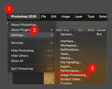 screenshot of selecting image processing settings on macos: Click Photoshop, click Settings, click image processing