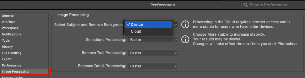screenshot of Photoshop image processing settings with Select Subject and Remove Background setting showing Device option being selected.