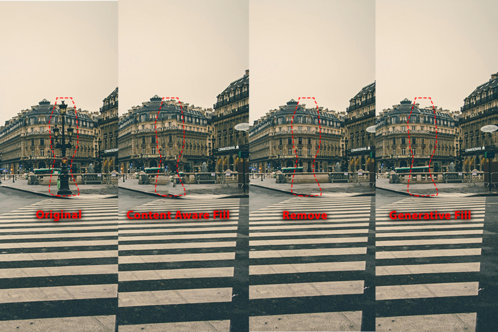 side by side examples of original, content fill, remove and generative fill four versions of a city street side-by-side with original and with lightpost removed by content aware fill, remove tool and generative fill.