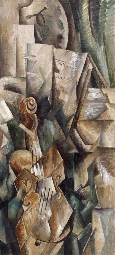 cubist painting that is more than twice as tall as it is wide, showing an upright violin, sheets of music, curtains, and an artist’s palette in muted colors