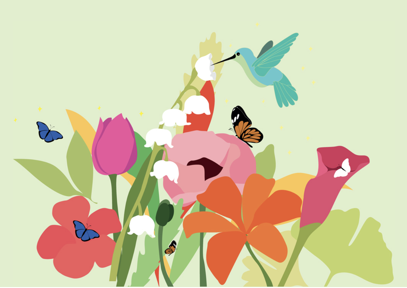 Drawing of flowers, bird, and butterfly from chapter 2 of Unearthing Joy by Gholdy Muhammad.