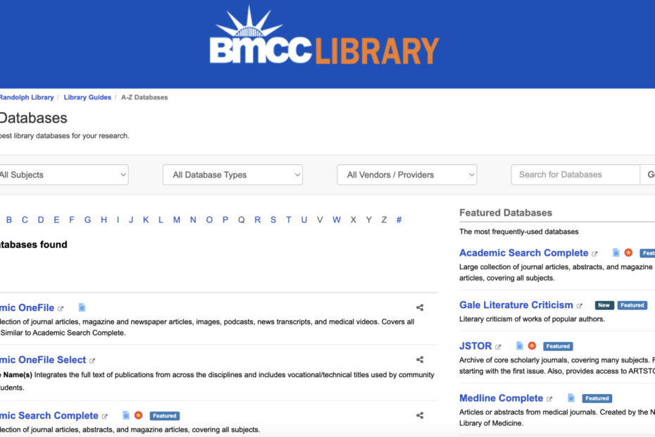 Screenshot of the BMCC Library Databases page.