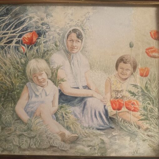 Painting of author's grandmother, mother and aunt, by author's mother, Justine Woodward-Brener