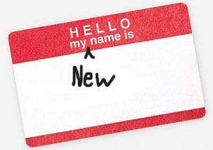 Name tag that reads "Hello, my new name is"