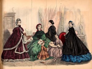 Five ladies and two children in Victorian dress in a music room