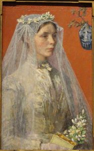Painting of 19th Century bride in white dress and veil on orange background